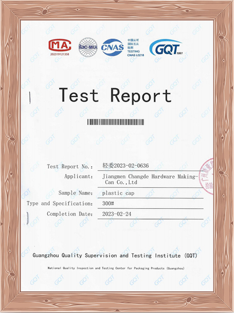 rapport de test du capuchon en plastique